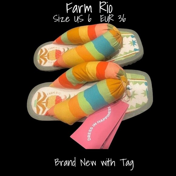 Farm Rio Puffy Rainbow Pineapple Flip Flop Sandals Slides Women US 6 EU 36 New - Picture 1 of 3